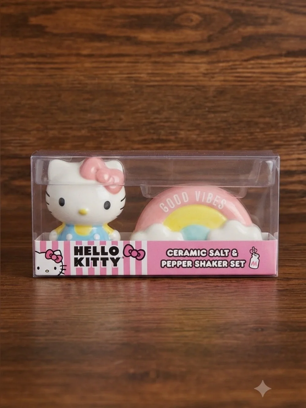 Sanrio Hello Kitty Ceramic Salt and Pepper Shaker Set Rainbow Good Vibes Box